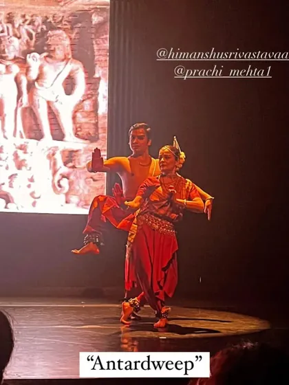 A moment from "Antardweep," a collaborative duet with Dr. Prachi Mehta, blending Bharatanatyam and Odissi. This production explores the idea of our ancient temples as not just places of worship, but as architectural codes guiding us to find divinity within.