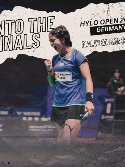 The moment of victory. Malvika Bansod celebrates after winning her semi-final match to enter the finals of the Hylo Open 2024 in Germany.
