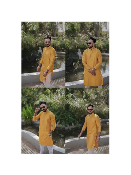 A four-panel collage of the groom in his yellow kurta, showcasing his stylish and relaxed poses during the Haldi event.