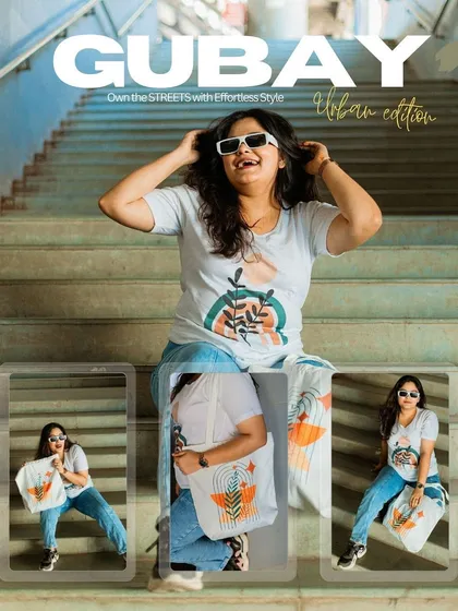 A creative collage for the urban wear brand 'Gubay'. This lookbook image shows different ways to style the t-shirt and tote bag, giving customers a complete style guide.