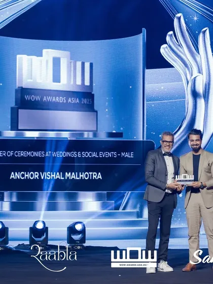 A full-stage view of my win at the WOW Awards Asia 2025. This award for Best Master of Ceremonies at Weddings & Social Events is a huge motivation.