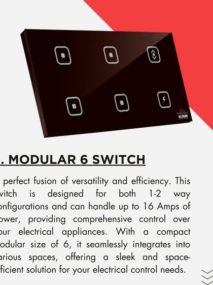 For more comprehensive control, our Modular 6 Switch is the perfect fusion of versatility and efficiency. It can handle up to 16 Amps of power, giving you control over multiple appliances from a single, space-efficient panel.