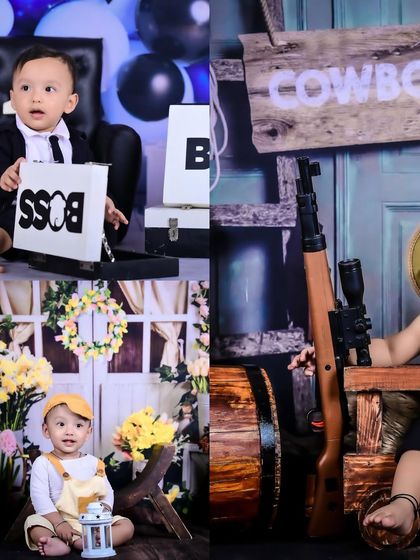 A collage of a "Boss Baby" theme, a honeybee theme, and a cowboy theme, showcasing a range of fun ideas.