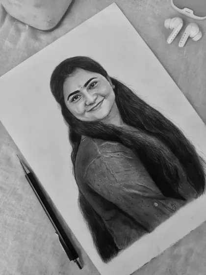 A simple and elegant A4 portrait. The black and white format allows the focus to be entirely on her warm smile and the texture of her hair.