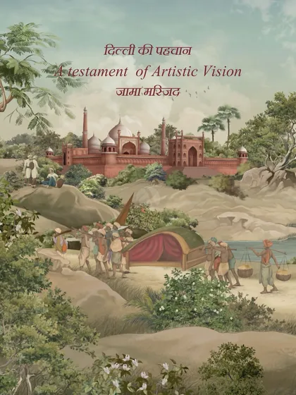 A panoramic mural depicting the artistic vision of old Delhi, with Jama Masjid in the background and a bustling river scene in the foreground.