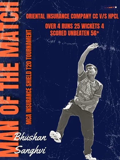 A true all-round Man of the Match performance from Bhushan Sanghvi, who took 4 wickets and scored an unbeaten 56 in the MCA Insurance Shield T20.