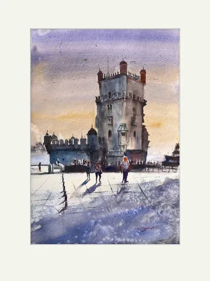 This watercolour landscape features a historic European tower. I enjoyed painting the stone texture and the reflections on the wet ground, capturing a sense of history and atmosphere.