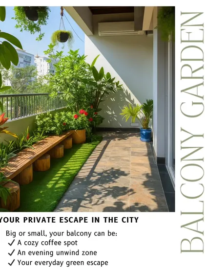 Even a small balcony can become your private escape in the city. We designed this space with a custom wood-log bench, artificial turf, and a curated selection of potted plants to create a cozy and green spot for daily unwinding.