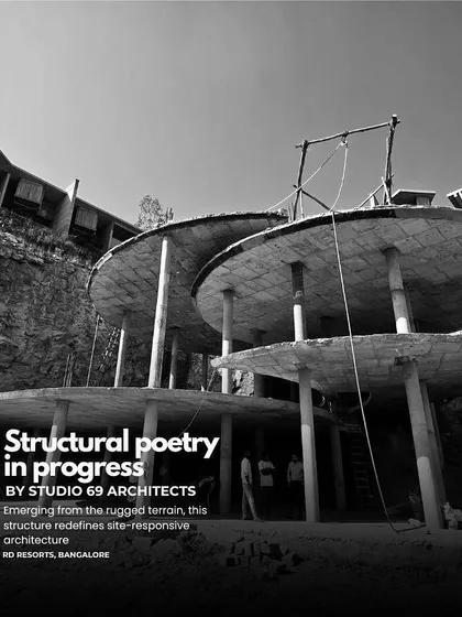 Structural poetry in progress. Emerging from the rugged terrain, this structure for a resort in Bangalore redefines site-responsive architecture.