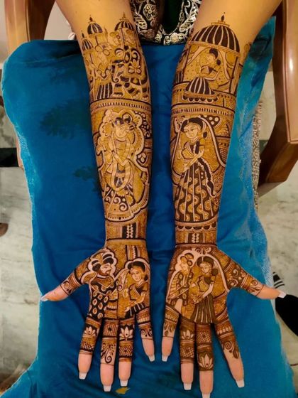 This mehndi features multiple portraits, including the couple and their family, creating a beautiful and personal tribute.