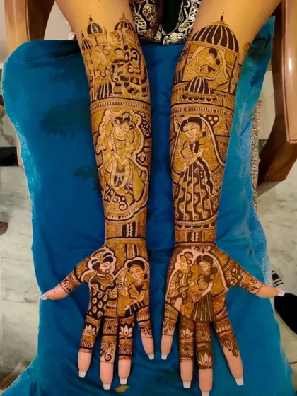 This mehndi features multiple portraits, including the couple and their family, creating a beautiful and personal tribute.