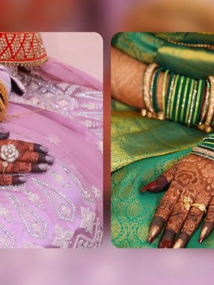 The bride's hands, with their deep henna stain, look stunning against both her pink and green outfits. A great stain complements every part of the wedding celebration.