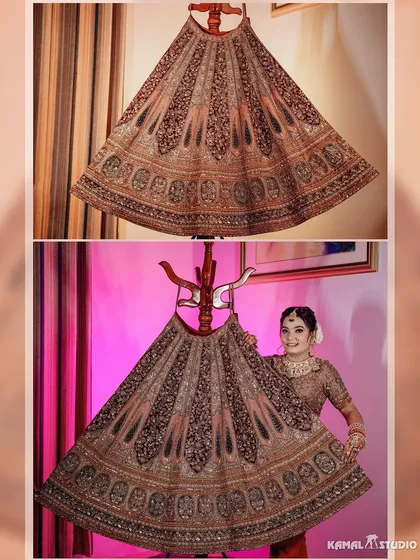 A diptych showing the bride with her magnificent lehenga, highlighting the incredible detail of the embroidery.