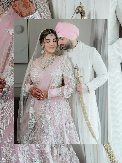 A regal portrait from a Sikh wedding, highlighting the elegance of the couple's coordinated pastel outfits and the cultural significance of the groom's kirpan.