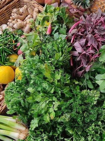 A lush bunch of fresh herbs and greens, including parsley, cilantro, leeks, and red amaranth.