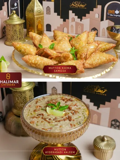 Two Iftar essentials side by side. Our crispy Mutton Keema Samosas are perfectly paired with the slow cooked, rich Mutton Hyderabadi Haleem, both included in our curated boxes.