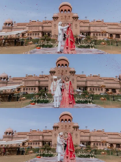 A sequence of the Varmala ceremony at a grand palace wedding, capturing the entire moment from start to finish against a stunning architectural backdrop.