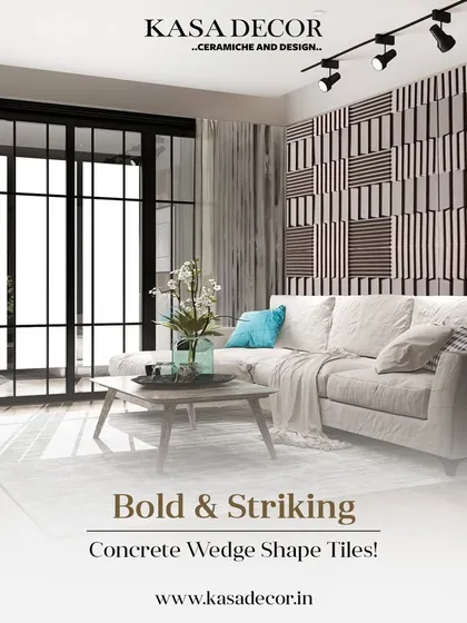A living room featuring our concrete wedge-shaped tiles. The alternating pattern creates a dynamic, graphic effect that is both modern and artistic, serving as a perfect backdrop for a contemporary space.