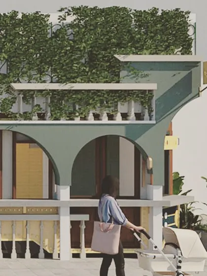 Another facade concept for Soley Cafe, playing with layers, balconies, and the integration of planters.