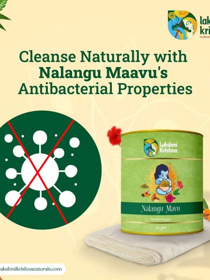 Cleanse naturally with Nalangu Maavu's antibacterial properties. This traditional herbal powder helps maintain skin hygiene and protects against germs, making it a safe and effective daily cleanser.