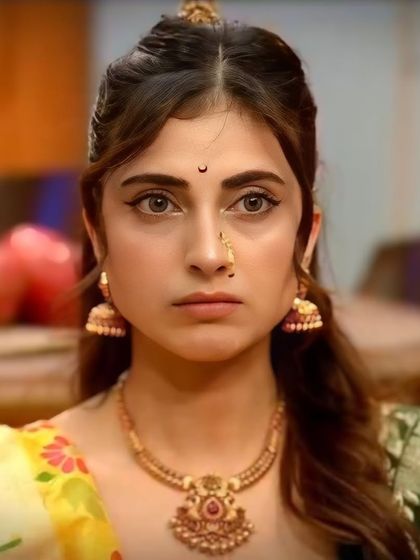 A close-up of Farrhana Bhatt in our antique jewellery. This shot beautifully captures the details of the necklace pendant and the simple nose stud.