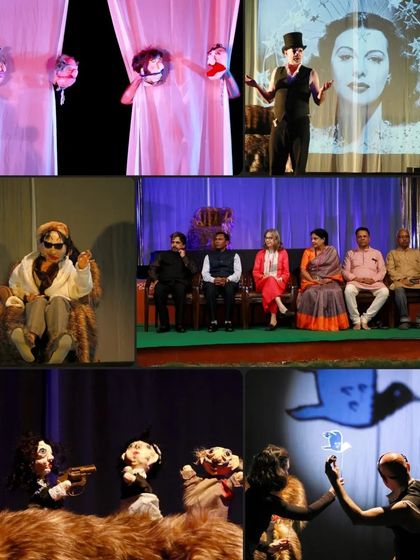 A collage from our international puppet festival, featuring a variety of puppetry styles. You can see modern hand puppets, shadow puppetry, and even performances that blend puppetry with human actors, showcasing the global diversity of this art form.