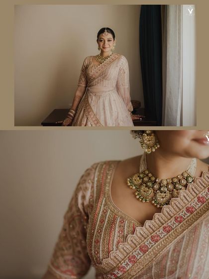 A collage of bridal portraits focusing on the bride and the details of her pastel pink lehenga. The soft lighting and her serene expression create a beautiful and elegant mood.