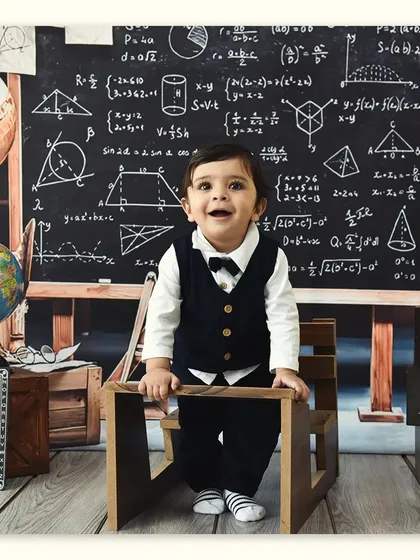 A joyful moment in our classroom setup. This little student is standing proud, ready to learn, with a big smile on his face.