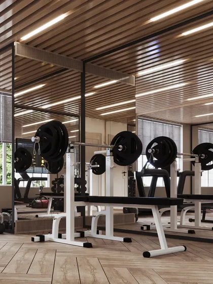 The weightlifting bench is the focus of this render, demonstrating my ability to model and visualize specific gym equipment accurately.
