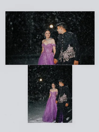 A couple holding hands in the falling snow. This shot captures the magical and romantic atmosphere of a winter engagement shoot in the mountains.
