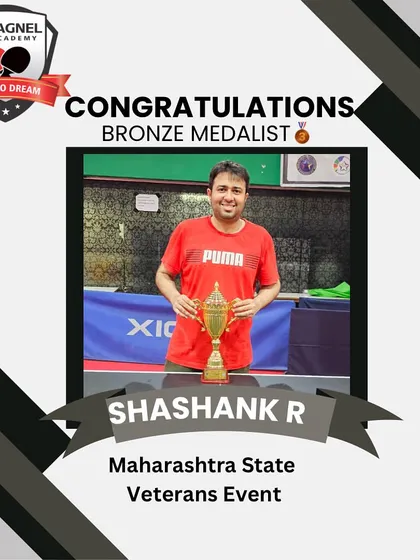 A graphic celebrating our veteran player Shashank R. on winning the bronze medal at the Maharashtra State Veterans Event.