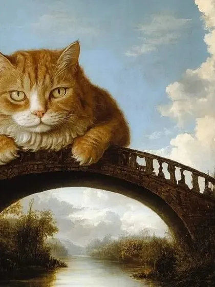 A giant ginger cat ruling over a classical landscape. We love playing with scale and imagination to create whimsical and unforgettable fine art pet portraits.