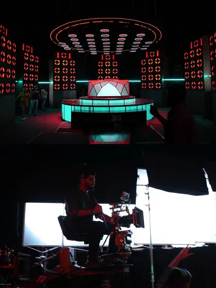 Behind the scenes of a commercial for 'Let's Vibe'. This collage shows the vibrant, retro-themed set and our crew operating the camera and lighting.