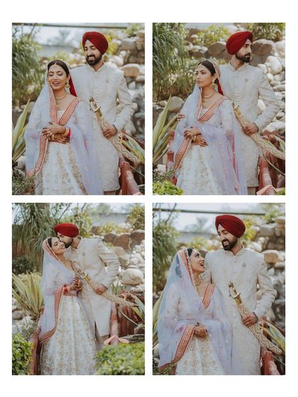 A collage of a Sikh couple's portraits, capturing a range of emotions from playful smiles to romantic gazes, showcasing their beautiful chemistry.