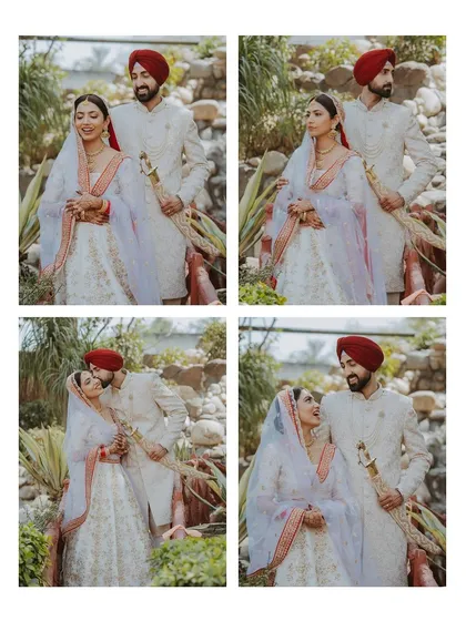 A four-part collage of a Sikh couple's portraits, capturing their love and connection in a garden setting.