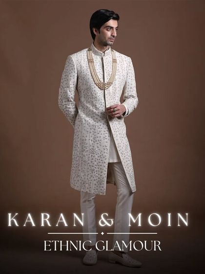 A graphic showcasing the ethnic glamour of a full sherwani look. This captures the essence of how I blend traditional motifs with modern presentation to create something truly special for my clients.