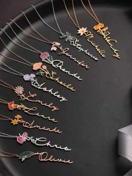 I create beautiful birth flower name necklaces that make for a truly personal and thoughtful gift. Each necklace is custom-made with the name and corresponding flower, available in gold, silver, and rose gold finishes.