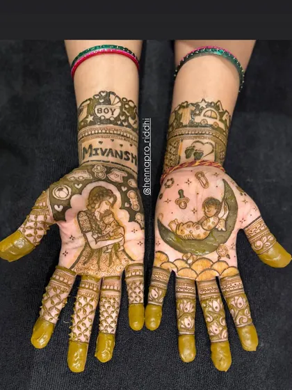 Celebrating a new arrival is so special, and I love creating personalized baby shower henna. This design features a mother and child portrait, the baby's name, and other cute details to welcome the little one.