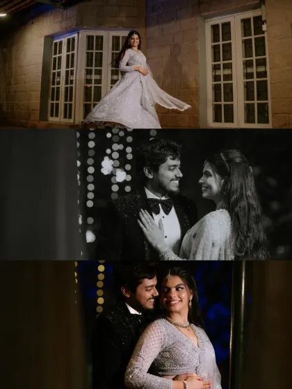 A collage of romantic moments from an evening reception or pre-wedding shoot. It showcases a mix of playful and intimate shots, telling a story of the couple's night.