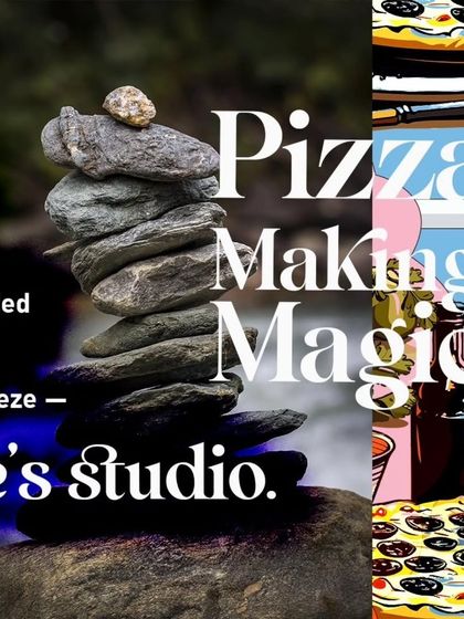A graphic highlighting the "Pizza Making Magic" and yoga in nature's studio.