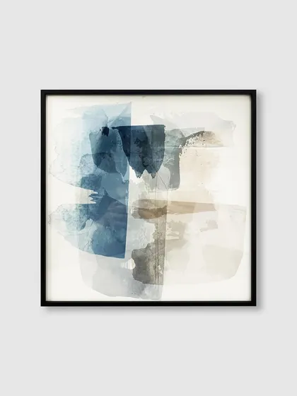 Our metal frames add a touch of sophistication to any space. This abstract print's muted blue and beige tones are perfectly complemented by the clean black border.