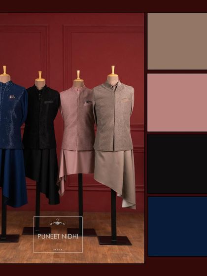A color story showcasing my range of asymmetrical tunics and jacket sets in shades of brown, pink, black, and navy.