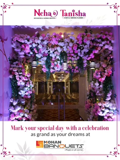 Your grand celebration at Mohan Banquets begins with an unforgettable entrance. This lush floral archway, illuminated by soft lighting, sets a tone of romance and elegance, welcoming your guests into a world of celebration.