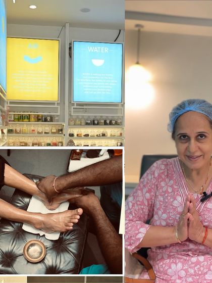 A collage showing our clinic's interior and clients experiencing our therapies. These little achievements are made possible by our dedicated team and the belief of our customers.