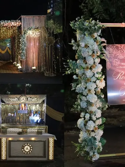 A collage of reception decor, including the beautifully lit stage, a fresh fruit juice bar, and the elegant floral welcome sign for Roshan and Ria.