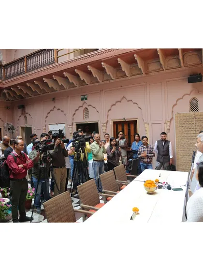 The press gathers in the courtyard of the Golden Haveli for its inauguration. The restored space, filled with natural light, serves as a beautiful backdrop for events that celebrate culture and heritage.