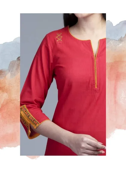 Here you can see the fine details on a red cotton kurti. I added subtle embroidery on the shoulder and a contrasting yellow trim along the notched neckline and sleeve cuffs for a clean finish.