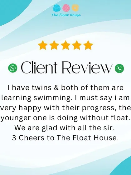 A happy parent of twins shares their progress in our swimming classes. We are thrilled to hear that one is already swimming without a float.