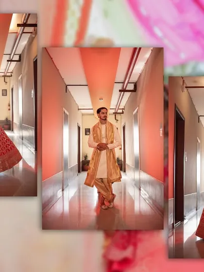 A stylish triptych of the bride and groom's individual portraits, taken in a modern corridor setting.