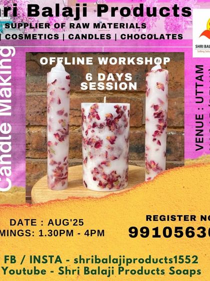My professional candle making workshop is designed to help you learn and earn. This poster highlights the 6-day session where we cover everything from making to marketing your products.